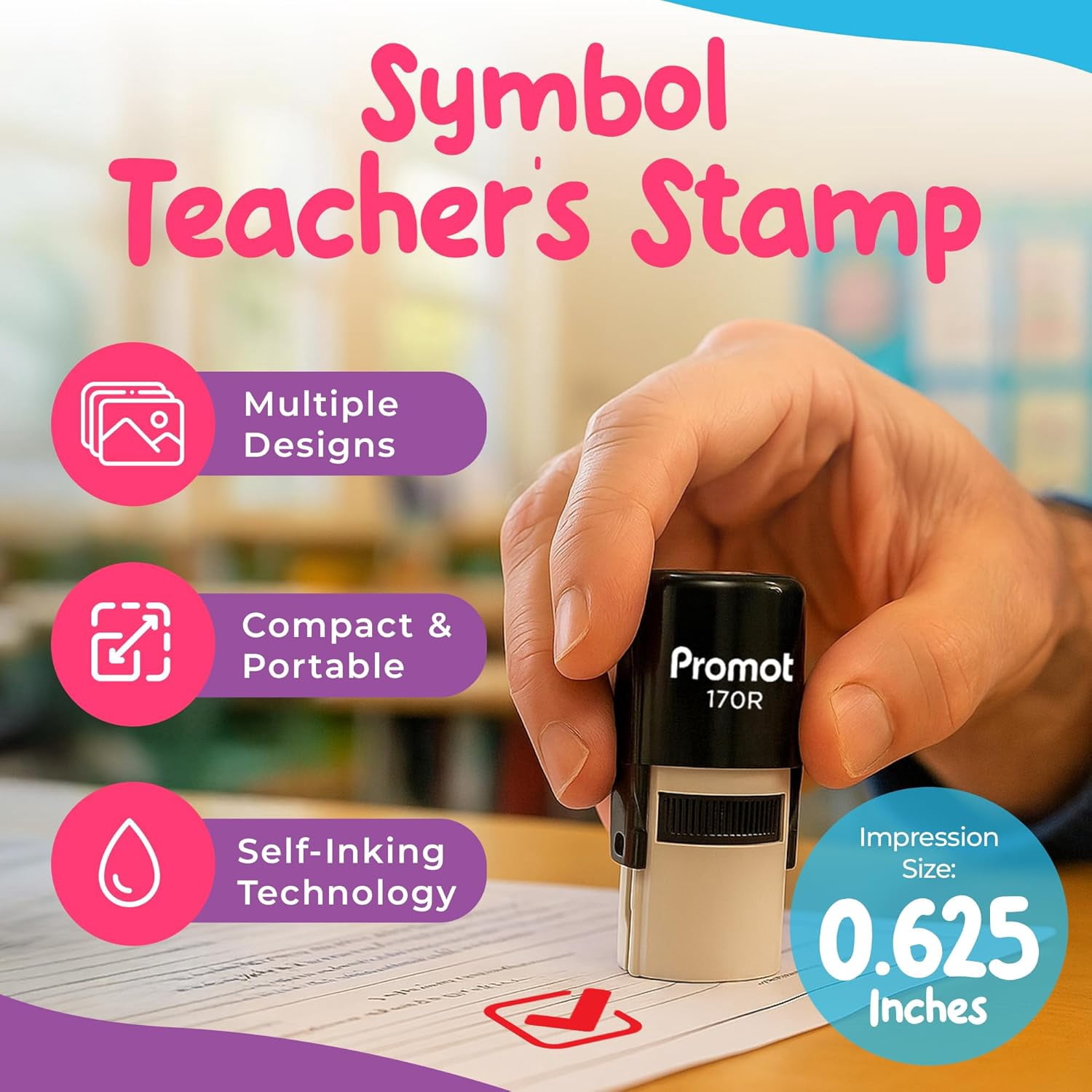 Promot Self-Inking Stamp for Teacher - Round Stamp for Grading & Feedback (Check Box)