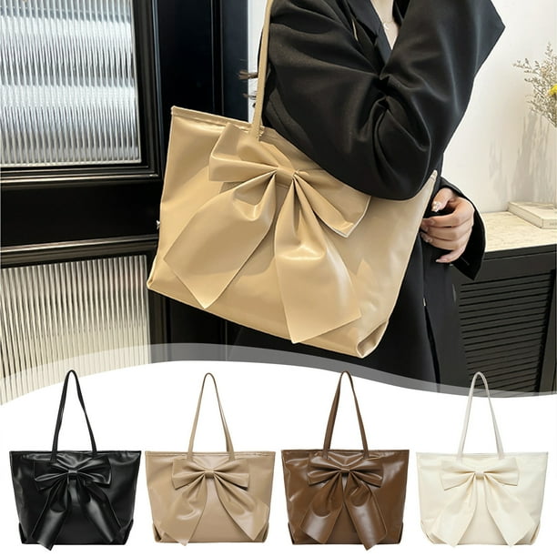 Bolso de mano de gran capacidad para mujer - Bolso de hombro de poliuretano con diseño de lazos grandes, 29x28x13cm, marrón/blanco/caqui, bolso de moda y práctico