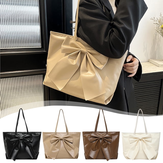 Bolso de hombro para mujer de gran capacidad - Bolsa de cuero PU, diseño de lazo grande, marrón/blanco/caqui, 29x28x13cm, bolso de viaje de trabajo a la moda – duradero, ligero, versátil