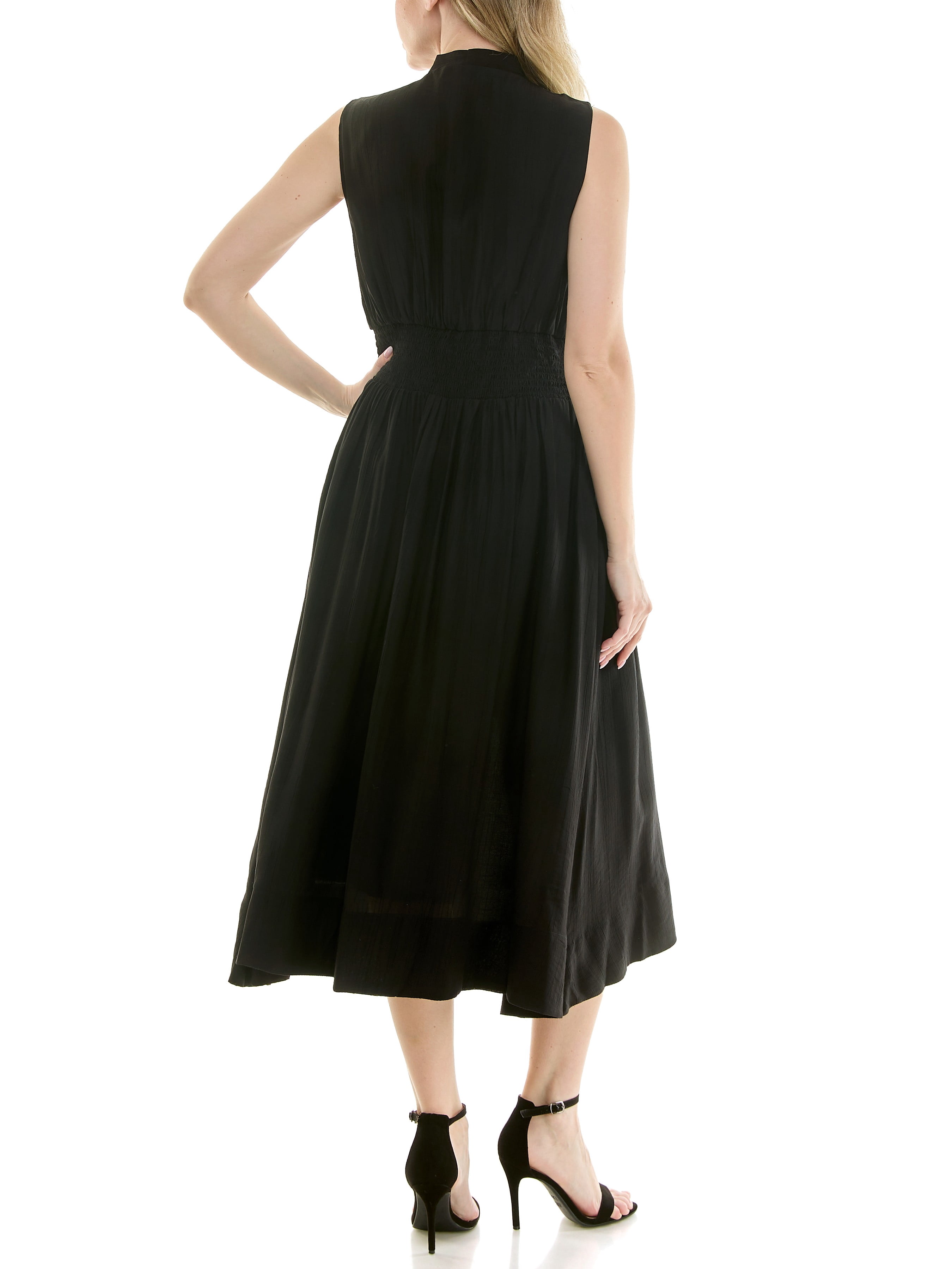 Sleeveless, V-Neck, smocked empire waist, zip front, fit & flare, midi dress in soft crinkle fabric,S-XL