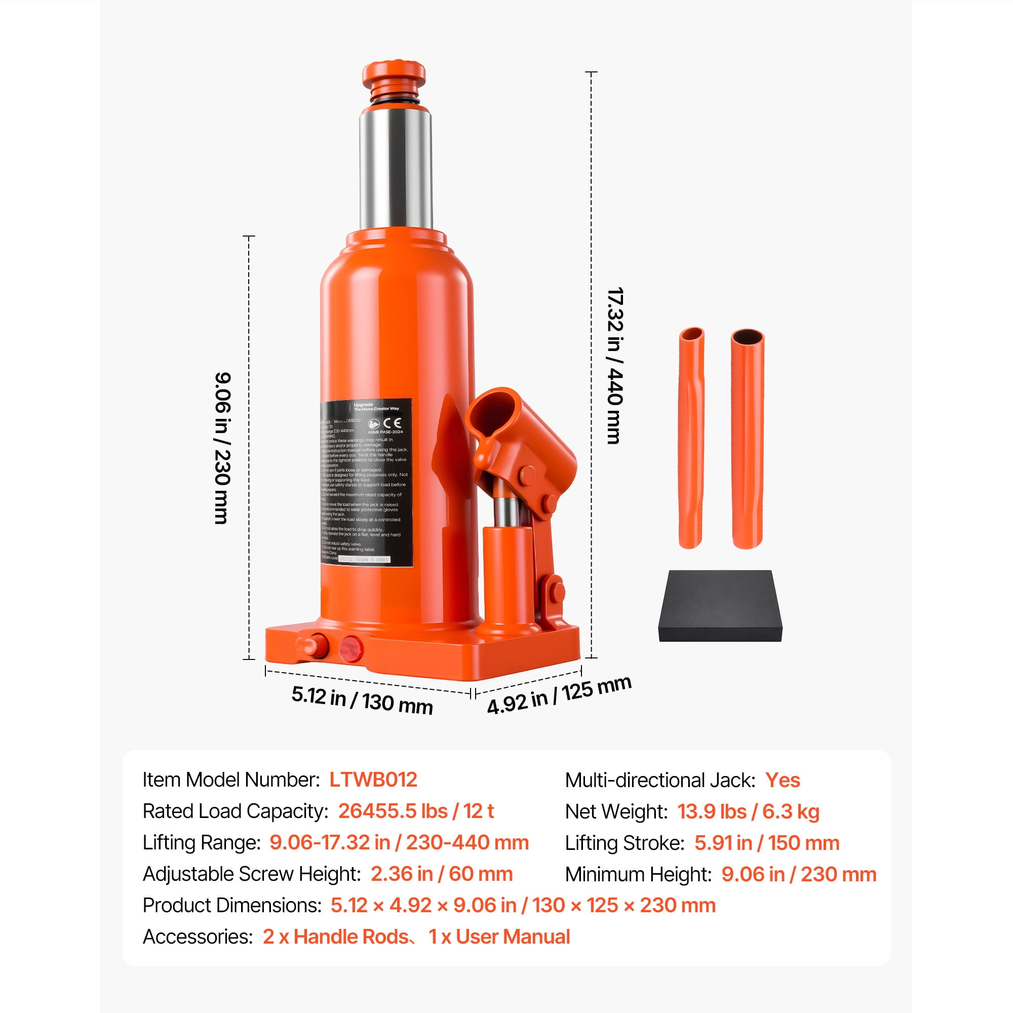 KFFKFF Hydraulic Bottle Jack 12 Ton Capacity, 9.06"-17.32" Adjustable Lifting Range,Suitable for Pickup Trucks,Medium-Duty Vehicles, RVs,Durable Multi-Directional Jack with Extended Handle