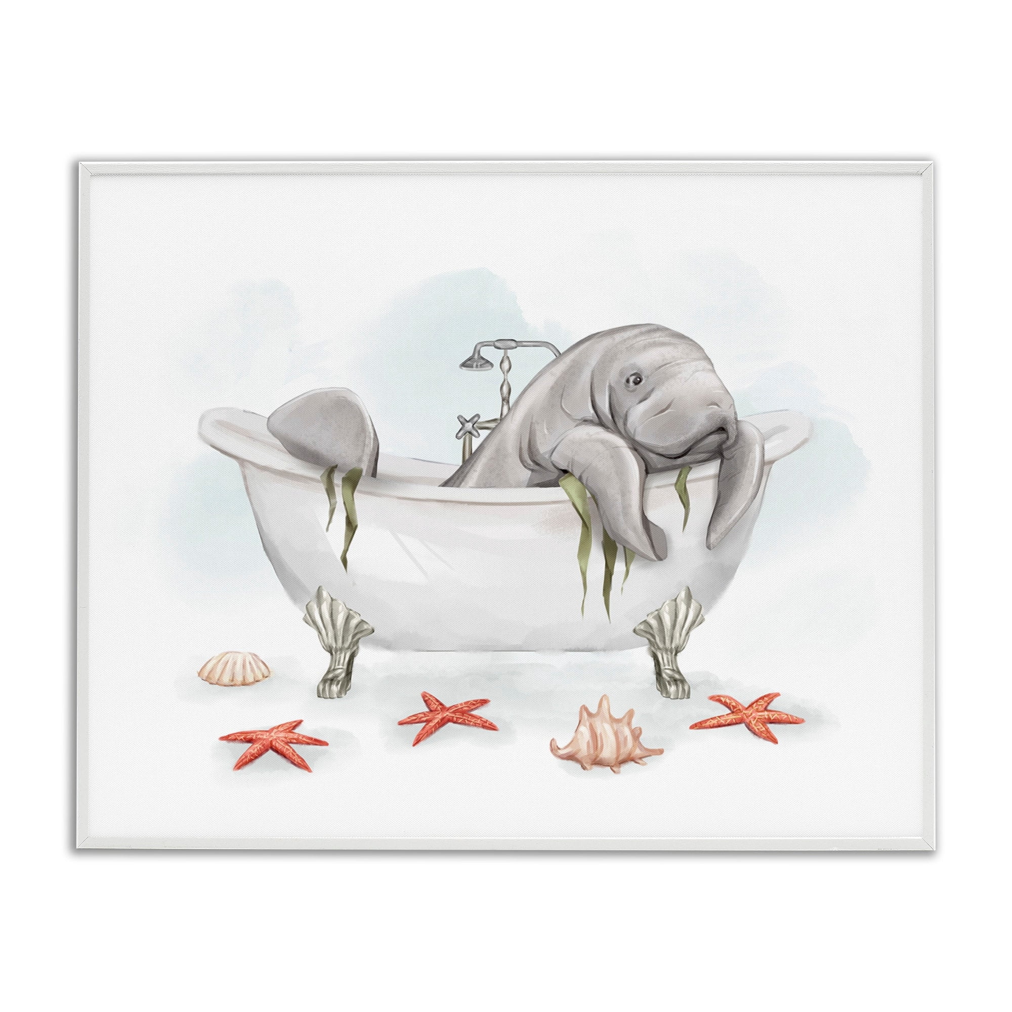 Stupell Industries Manatee Sea Life Swimming Bathtub Bathroom Painting Graphic Art White Framed Art Print Wall Art, Design by Ziwei Li