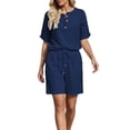 thumbnail image 5 of Gamivast 2 Piece Summer Outfits for Women Casual Linen Textured Short Sleeve Henley Shirt and Drawstring Shorts Set Loose Fit Lounge Tracksuit Vacation Streetwear Navy L, 5 of 7