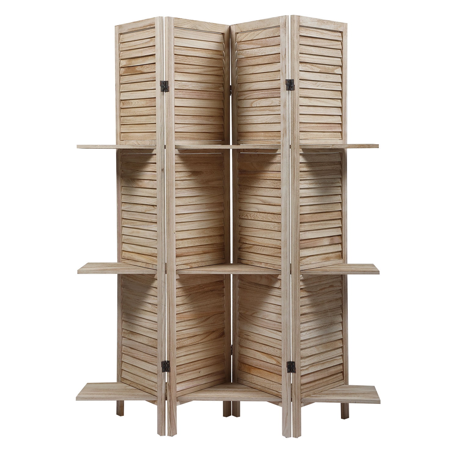 Kadyn 4 Panel Room Divider for Dining Room, Room Screen with 9 Display Shelves for Office, Freestanding Folding Office Divider for Study, Light Burn