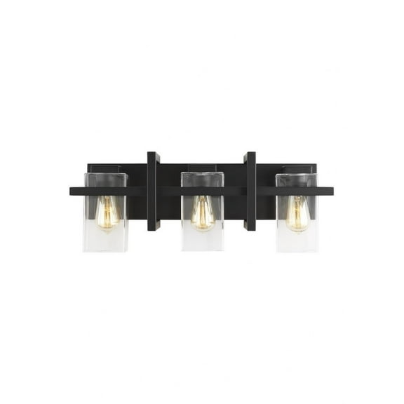 Open Box Generation Lighting Mitte 24 in. 3-Light Matte Black Industrial Transitional Bathroom Vanity Light with Clear Glass Shade Panels