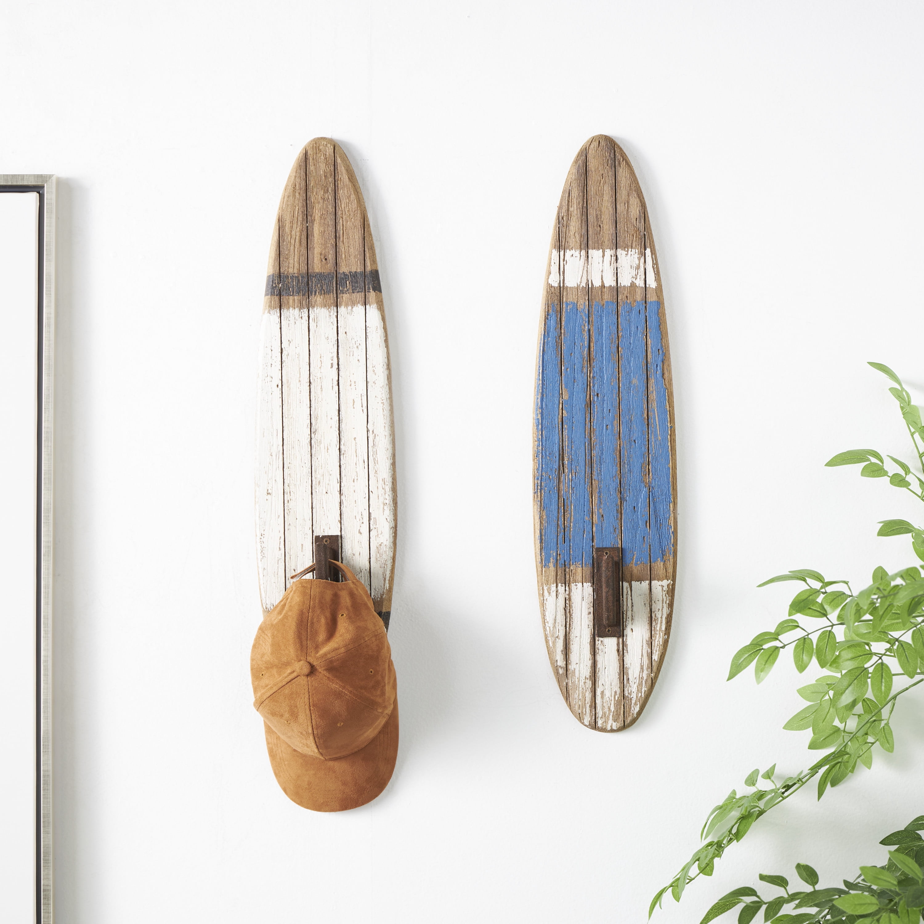 DecMode 6"W, 27"H White Wood Surfboard Wall Hook, 2-Pieces