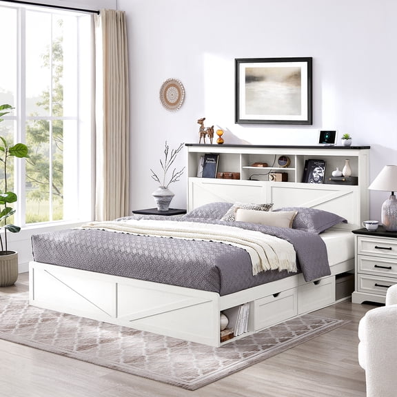 IFMUST Farmhouse King Bed Frame with Storage & 4 Drawers, Charging Station, White