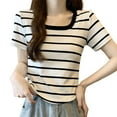thumbnail image 1 of T-shirts Rayés pour Femmes Manches Courtes Été Décontracté Côtelé Col Rond Ample Tendance Blanc, 4TG, 1 of 7