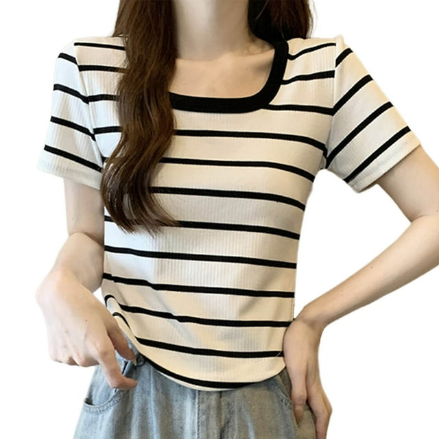 T-shirts Rayés pour Femmes Manches Courtes Été Décontracté Côtelé Col Rond Ample Tendance Blanc, 4TG