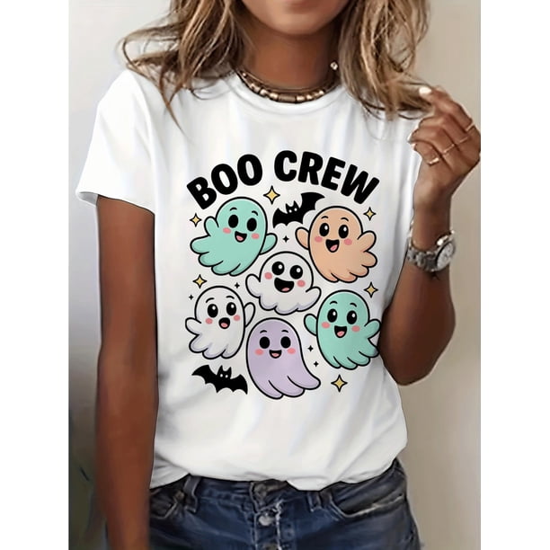 Halloween T-Shirt - Women'S "Boo Crew" Halloween Graphic T-Shirt - Cute Cartoon Ghosts & Bats Design, Casual Crew Neck Short Sleeve Top for Summer & Spring, White with Black Print