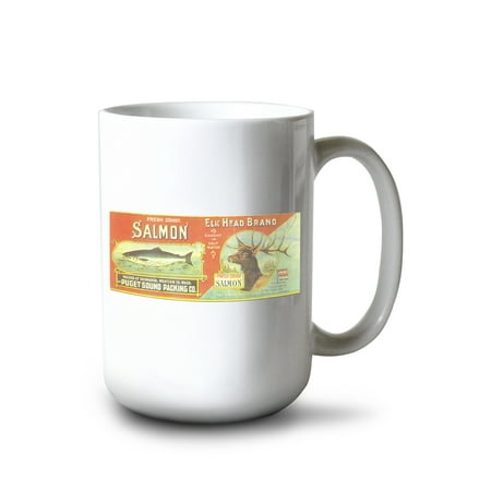 

15 fl oz Ceramic Mug Elk Head Salmon Can Label Dishwasher & Microwave Safe
