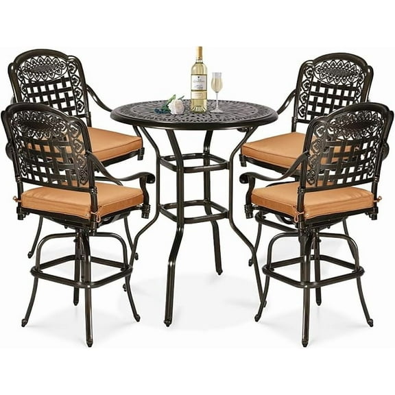 W WARMHOL 5 Pieces Patio Swivel Bar Set, Patio Bar Table and Chairs Set, All-Weather Cast Aluminum Outdoor Swivel Bar Stools of 4 and 35.4" Bar Table, High Top Bistro Set for Deck, Pool, Garden