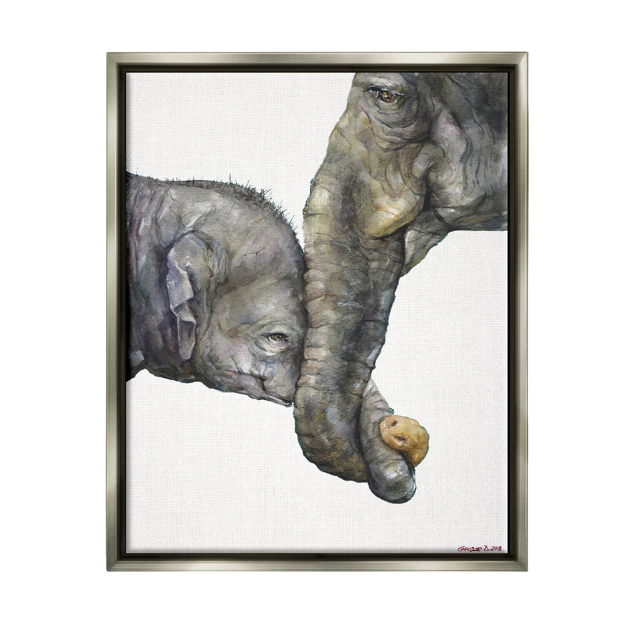 Stupell Industries Cute Baby Elephant Family Animal Watercolor Painting Luster Gray Framed Floating Canvas Wall Art, 16x20, by George Dyachenko