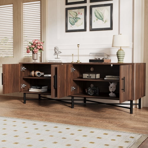 Functional 4-Door TV Cabinet, Modern Chestnut Entertainment Center with Adjustable Shelves, Cable Management, Iron Legs, Storage for Living Room, Fits 65 Inch TV, 66"x18"x23", Easy Assembly