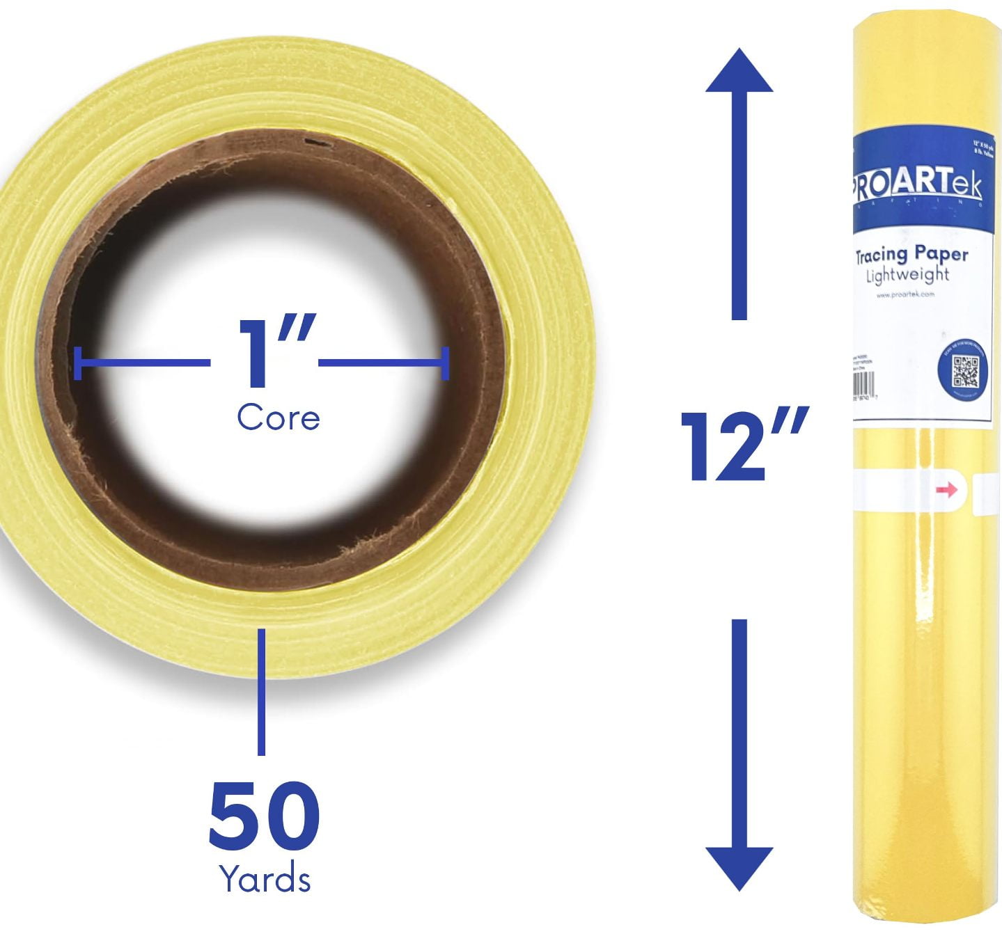 Proartek PK00050 Model TP1250Y1WP030N Type 55Y-G Yellow Tracing Paper Roll; 12 Inches x 50 Yards; 1-Inch Core; Transparent Surface; Accepts Pencil, Ink, and Marker; 8 lb. Basis Weight