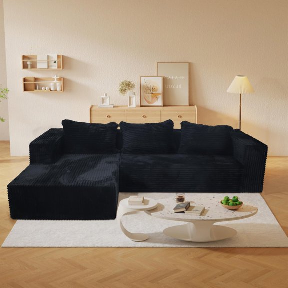 Spaco Cloud Sectional Sofa with L-Shape Chaise, Corduroy Modular Couch with Deep Seat, Upholstered Couches for Living Room Bedroom, No Assembly Required, Black