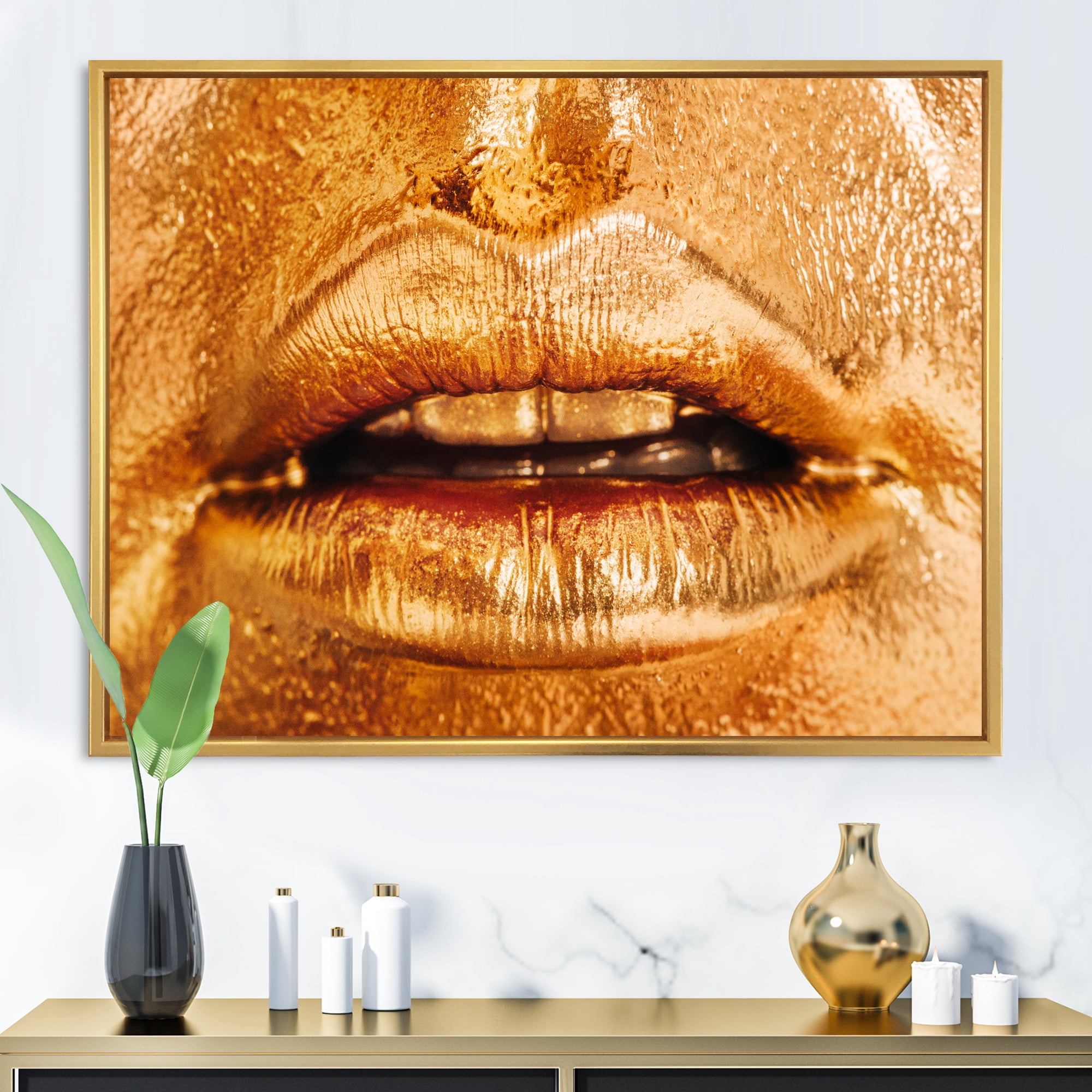 Designart 'Close Up Of Female Lips With Bright Golden Makeup' Modern Framed Canvas Wall Art Print
