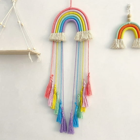 Sinkoo Light Rainbow Macrame Wall Hanging, 23.6"x9" Hand-Woven Cotton Tassel Wall Tapestry Decor, Boho Wall Art for Bedroom Apartment Home Decor, Picture Frames Collage, Hairpin Storage