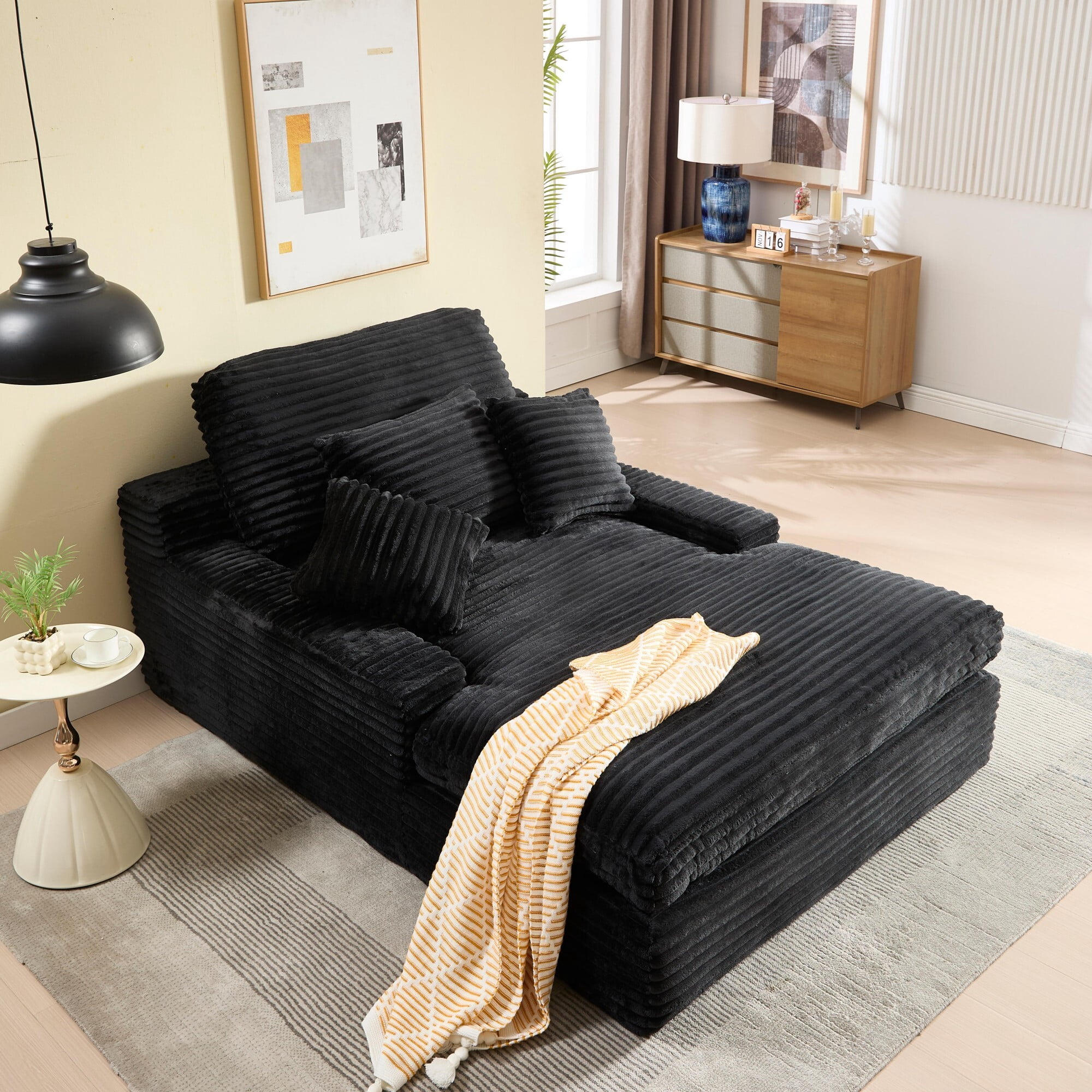 DEALTOPS Oversized Corduroy Chaise Lounge Sofa, 75.2" Upholstered Couch with Pillows for Living Room & Bedroom, Black