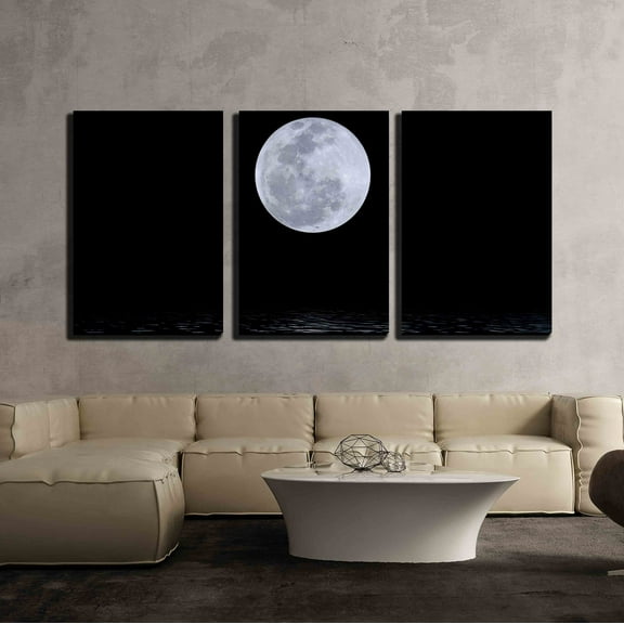 wall26 - 3 Piece Canvas Wall Art - Full Moon Over Water with Abstract Shining Water - Modern Home Art Stretched and Framed Ready to Hang - 16"x24"x3 Panels
