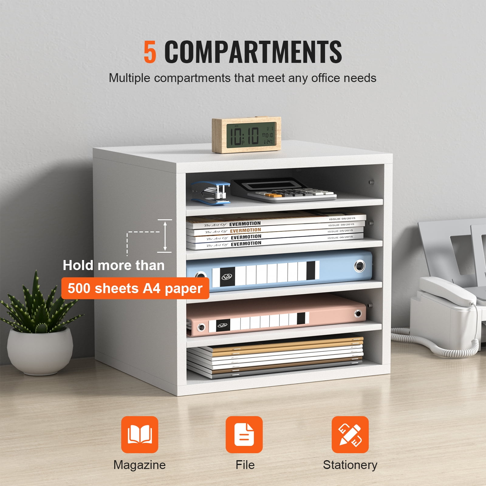 KFFKFF Wood Literature Organizer Adjustable File Sorter 5 Compartments White