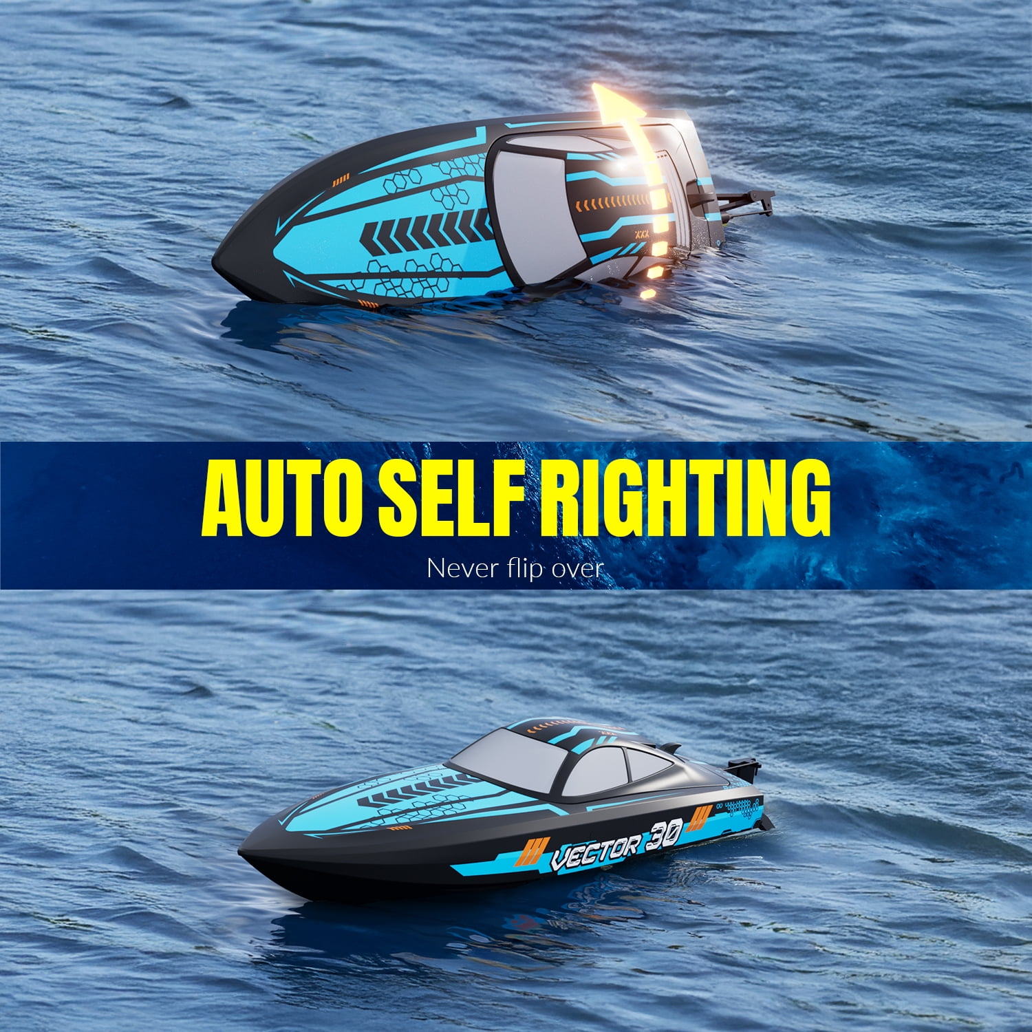RC Boat 20MPH Fast Remote Control Boat with Lights 2.4Ghz Toy Boat for Pools and Lakes with 2 Rechargeable Batteries Toys Gifts for Adults, Blue