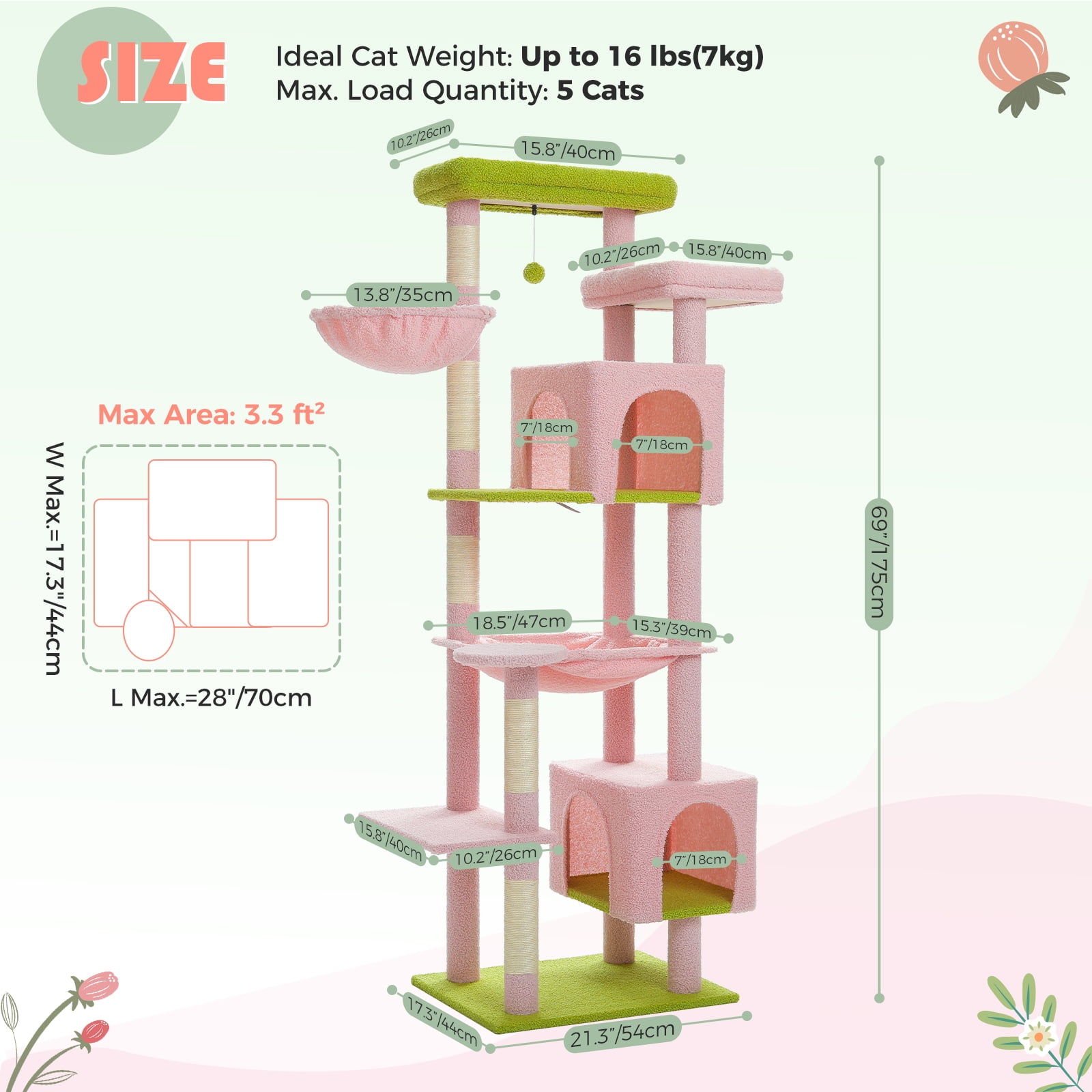 Pefilos 69" Tall Cat Tree for Indoor Large Cats with Hammock, Cat Climbing Tree Tower with Scratching Posts, Condo House and Top Perch, Pink