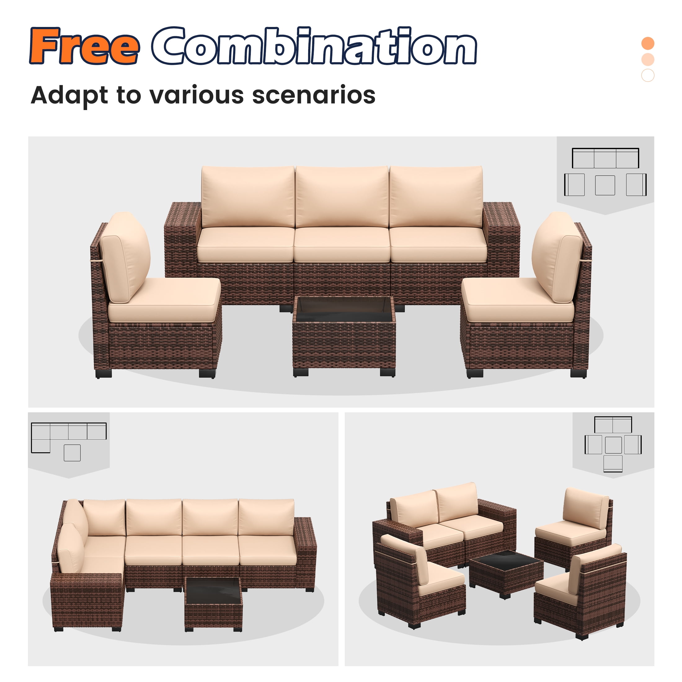 Techmilly 6-Piece Patio Furniture Set, Outdoor Patio Sofa Set With Wide Armrest, All-Weather Wicker Rattan Guest Set With Cushion And Glass Table And Waterproof Cover, Brown & Khaki