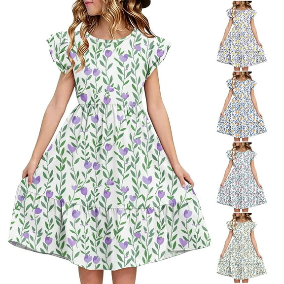 Nmnitkp Girl Dresses Floral Print Ruffle Sleeve Tiered Loose Fit Pleated Swing Midi Boho Dress Light Blue,5 Years