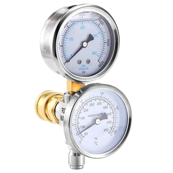 RIDGE WASHER 2-in-1 Pressure Washer Gauge, Stainless Steel Power Washer Gauge Temperature Gauges, 3/8 Inch Quick Connect, 6000 PS