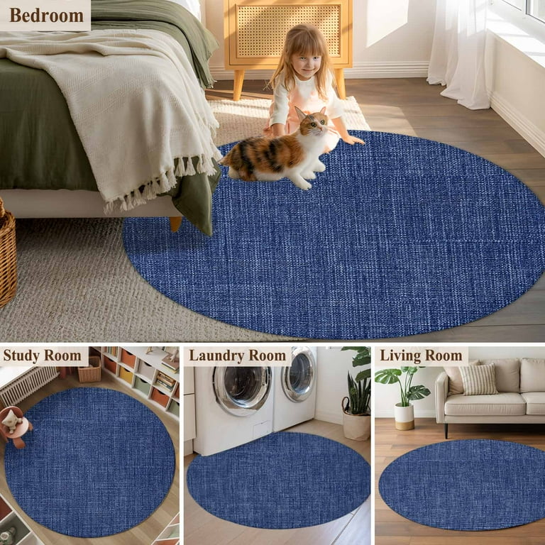 Round Area Rug 7 Ft, Vintage Navy Blue Washable Non-Slip Circle