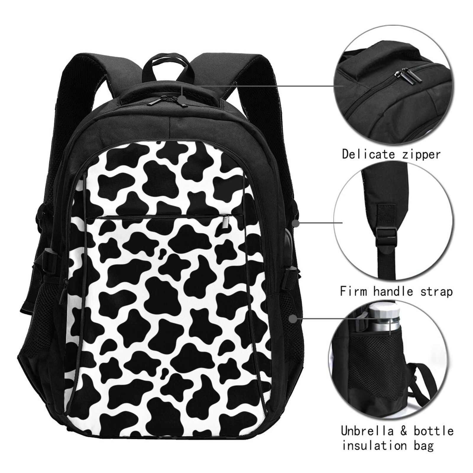 Horeoi Cow Print Black White Print USB Backpack for Travel School Work with Laptop Compartment Charging Port and Anti-Theft Pocket