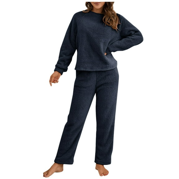 Baqcunre Women's Two Piece Trousers Of Pure Color Long Sleeve Plush Sweater Knitting Set,Size S-XL,Womens Pajama Sets,Outfits for Women,Lounge Sets for Women,Womens Fashion,Womens Clothes,Dark blue