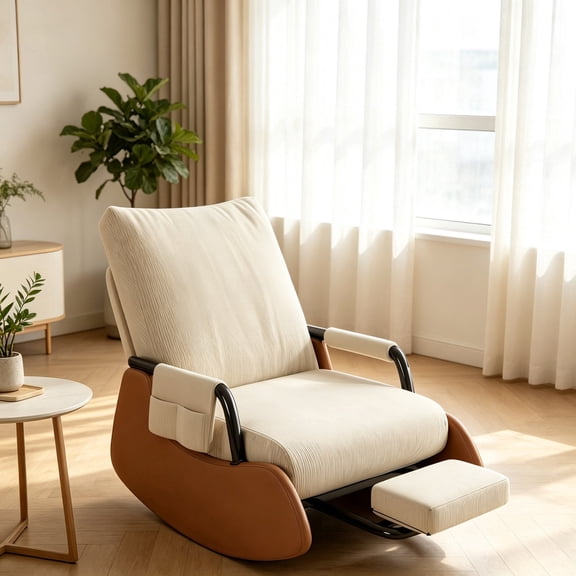 WanKaMom Gliding Rocking Chair Nursery Rocking Chairs Upholstered Corduroy Nursery Chair, Ergonomic Full Support Foldable Recliner with Retractable Footrest Anti-Tip Steel Frame
