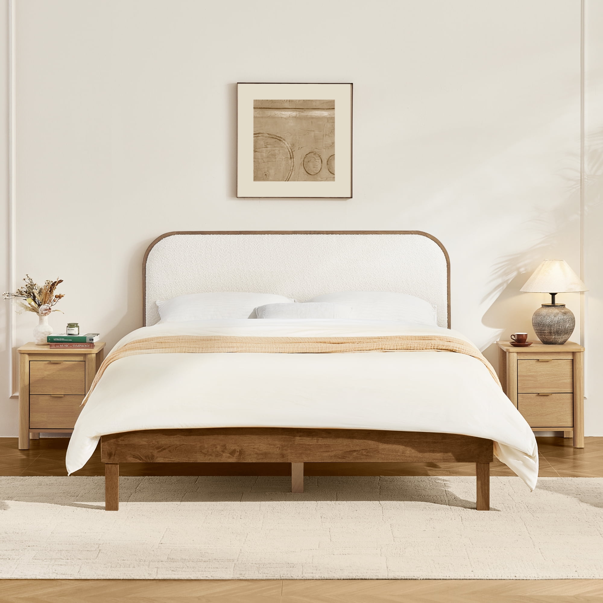 Spruce & Spring Modern Boucle Upholstered Platform Bed with Solid Wood Frame Walnut, Full