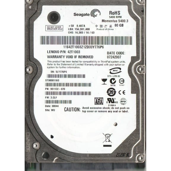 ST980811AS, 5LY, WU, PN 9S1132-070, FW 3.CLF, Seagate 80GB SATA 2.5 Hard Drive