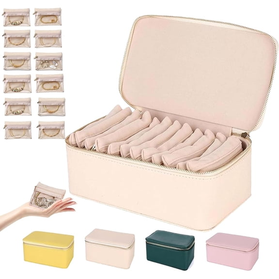 Travel Jewelry Box with 12 Pouches, PU Leather Jewelry Organizer with Large Capacity Waterproof Storage Case for Necklaces Bracelets and Rings