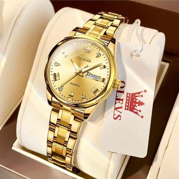 OLEVS Gold Watches for Women Luxury Diamond Quartz Analog Ladies Wristwatch with Date Stainless Steel Luminous Dress Jewelry Watch Gifts for Women Female Wristwatch Walmart