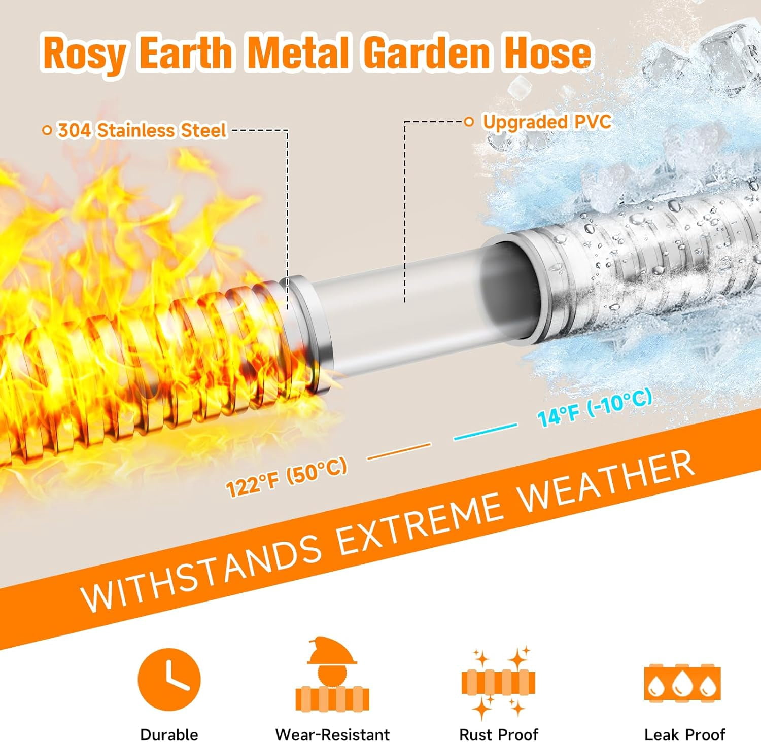 Garden Hose 100 FT, Heavy Duty 304 Stainless Steel Flexible Water Hose, No-Kink, No Bite, Expandable Water Hose for Yard, RV, Car