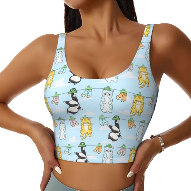 Balery Cartoon Cat Sujetadores deportivos con espalda cruzada para mujer, acolchados, sin costuras, de alto impacto, ideales para yoga, gimnasio, entrenamiento y fitness.-Large