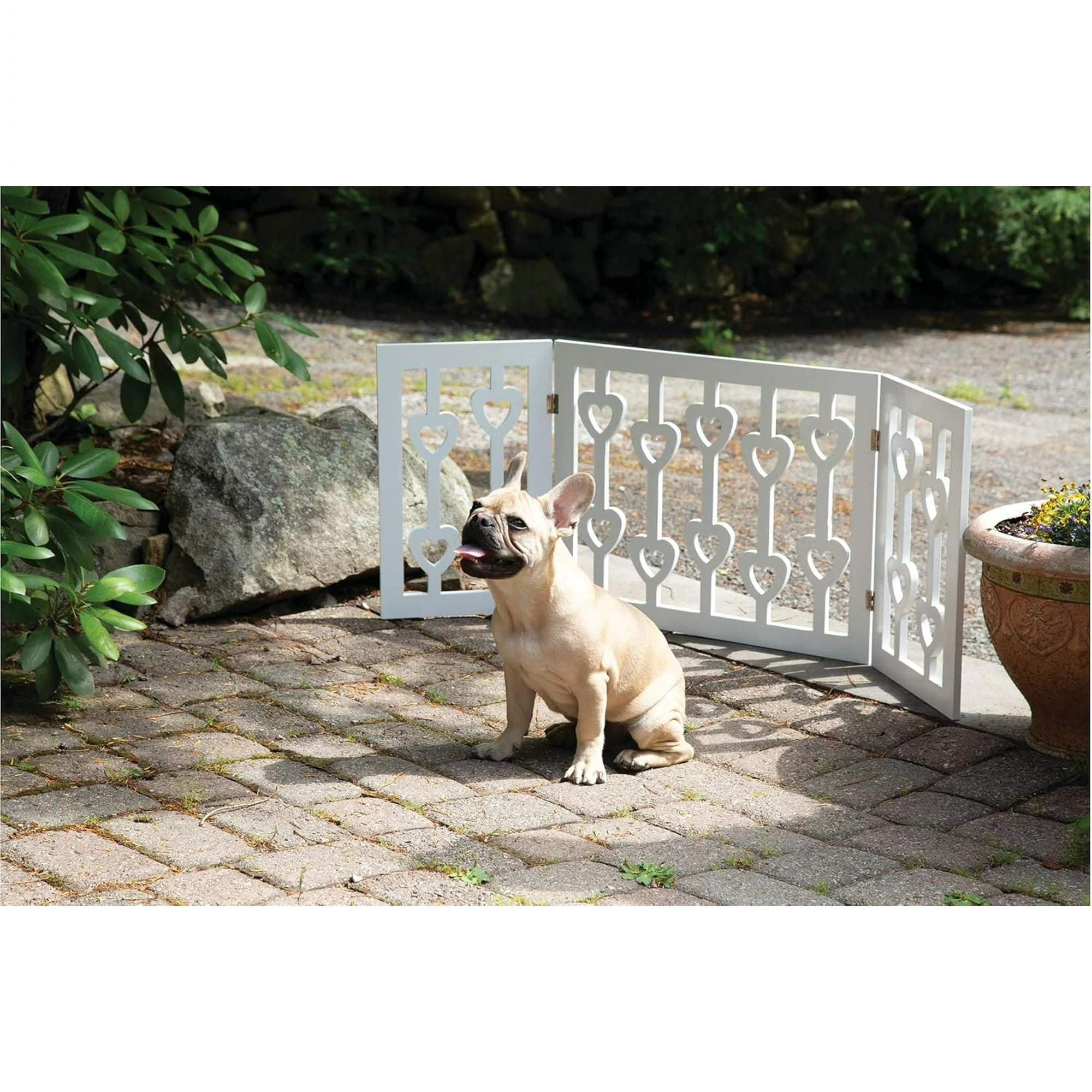 White Pet Gate - 3 Panel Wooden Hearts Design Dog Gate - Freestanding Tri Fold Durable Wood Dog Fence - Indoor/Outdoor Barrier for Stairs & Doorways