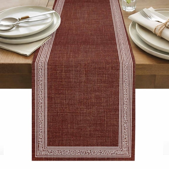 Coffee Brown Retro Greek Key Table Runner - 120 Inch Long, Kitchen Dining Table Runner Dresser Scarves, Geometric Greece Ancient Farmhouse Farmhouse Decor for Coffee Tables Wedding Party Banquet