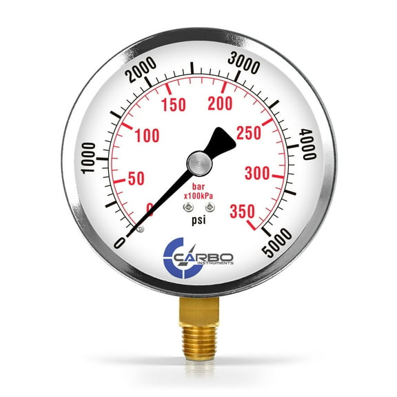 CARBO Instruments 4" Pressure Gauge, Chrome Plated Steel Case, Dry, 0-5000 psi/kPa, Lower Mount 1/4" NPT