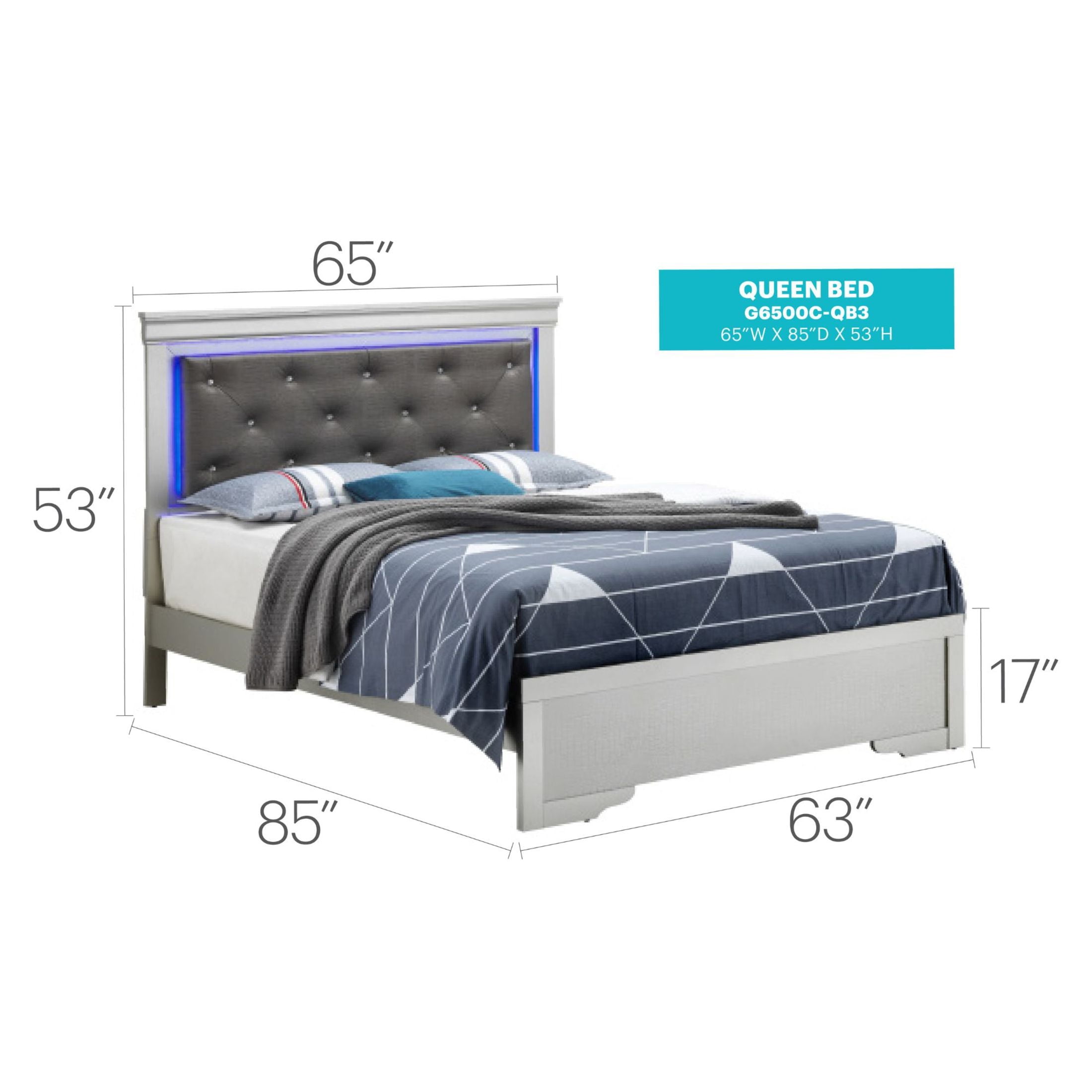 Noble House Transitional Queen Bed with LED Headboard, Jeweled Tufted Leather, Silver Champagne