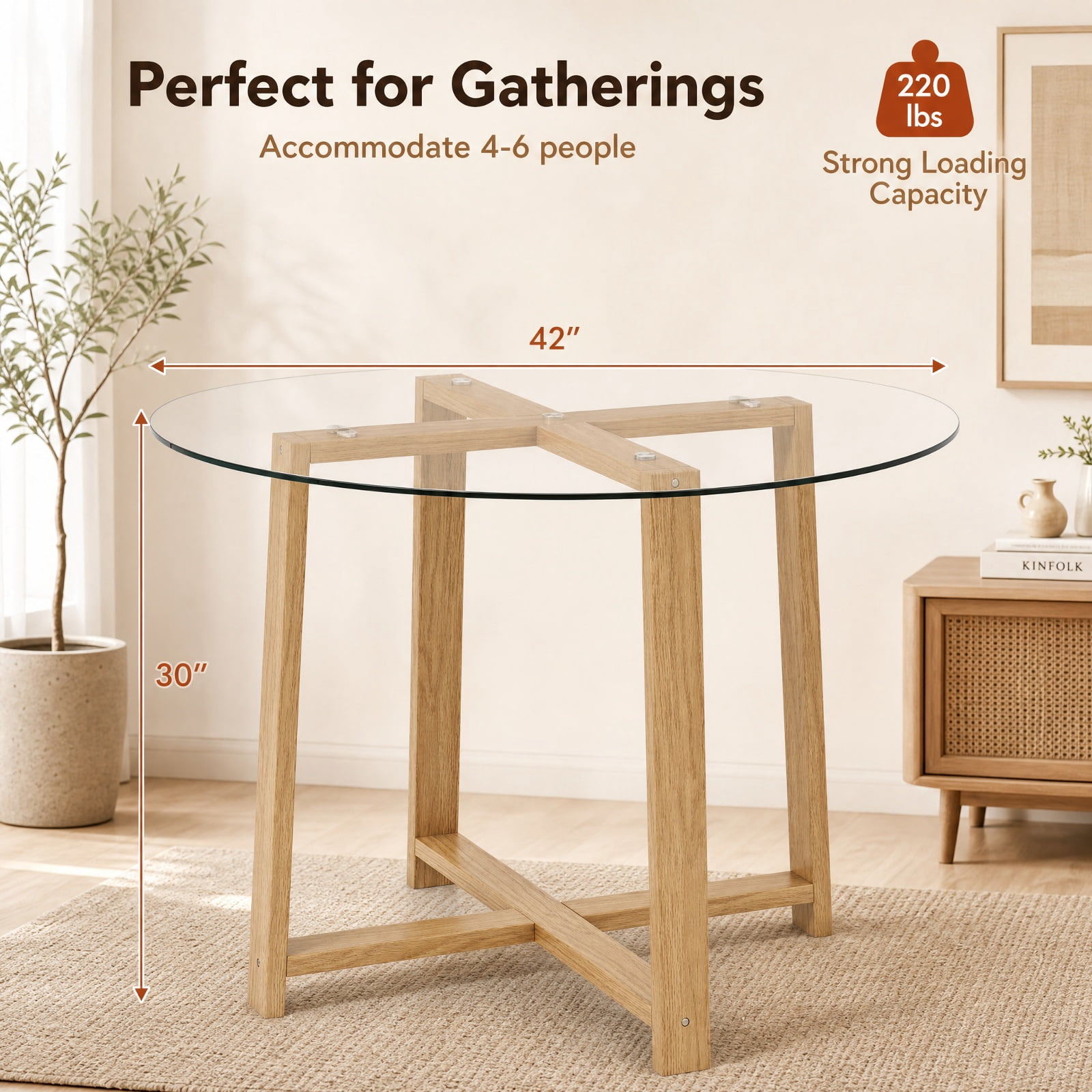 Furnibear 42 Inch Round Glass Dining Table for 4 to 6 with Tempered Glass Top and Rubber Wood Legs for Kitchen and Dining Room, Natural