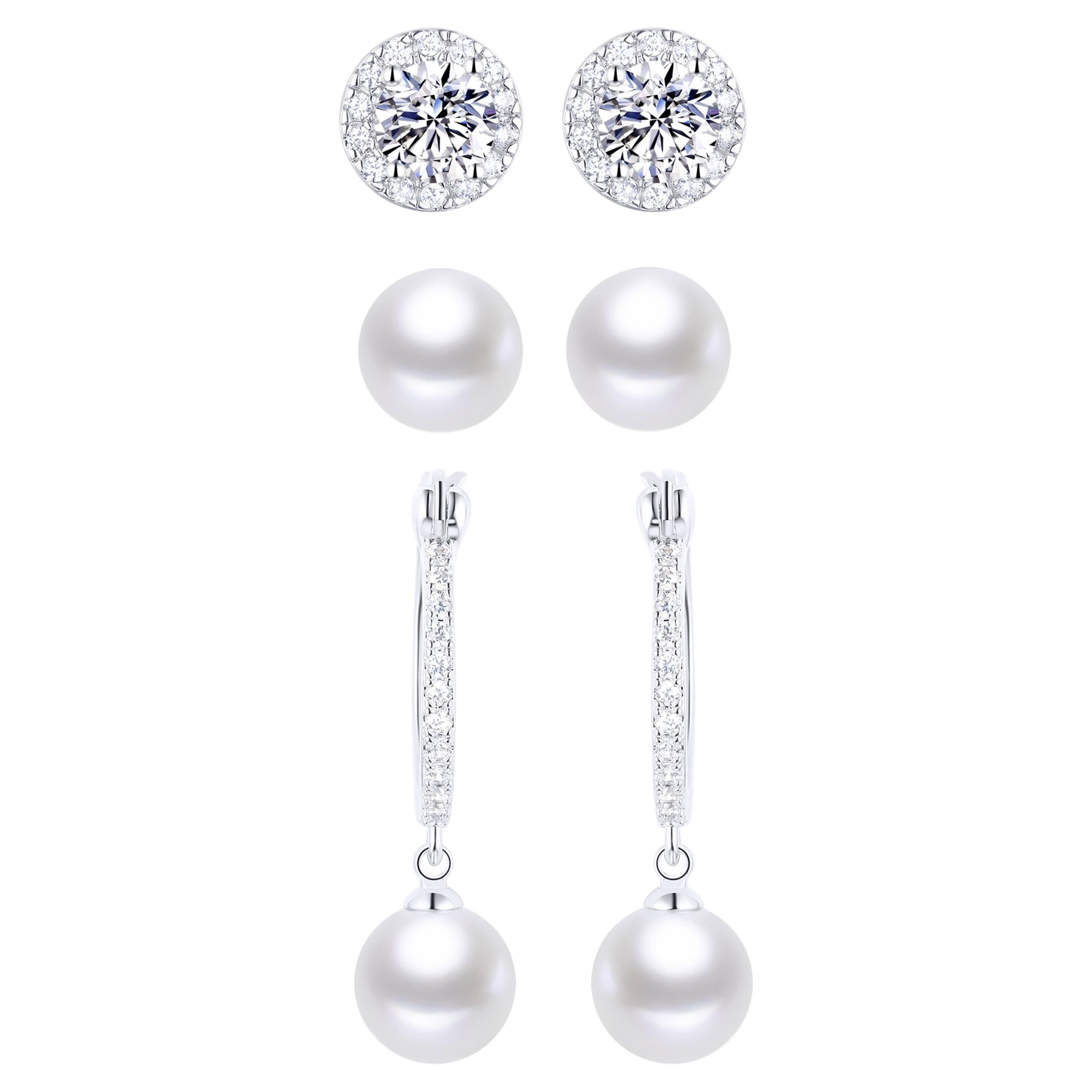 Believe by Brilliance Simulated Pearl and Cubic Zirconia Earring Trio in Fine Silver Plated Brass