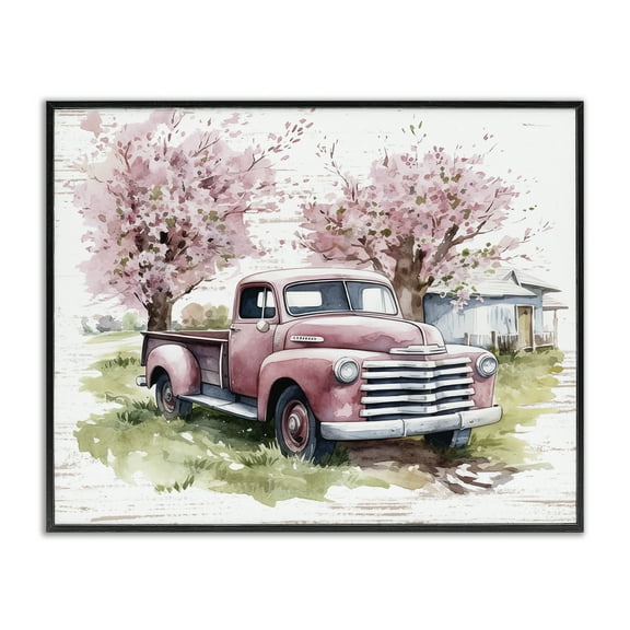 Stupell Industries Cherry Blossoms & Pickup Transportation Painting Black Framed Art Print Wall Art, 14 x 11