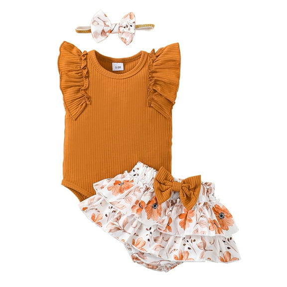 Newborn Baby Girl Summer Clothes Sleeveless Ruffle Romper and Shorts Set with Headband 0-18M