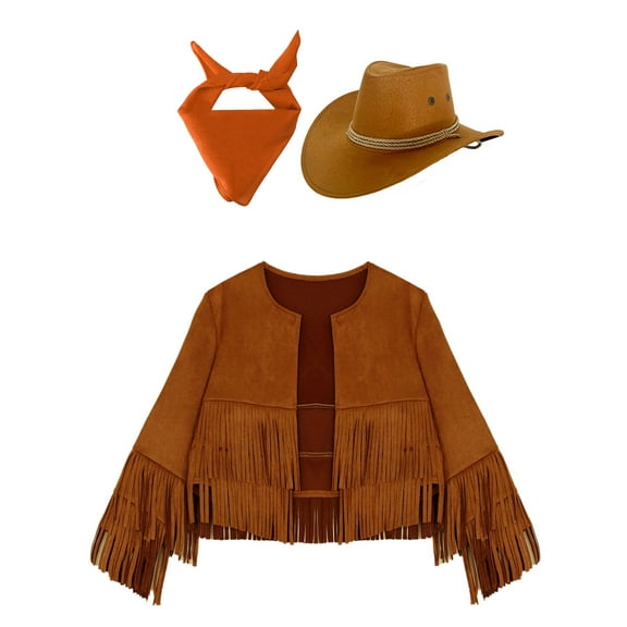 iiniim Girls Cowboy Cowgirl Halloween Costume Wild Western Sheriff Tassels Fringe Coat with Bandana Hat Outfits Brown&Orange 8