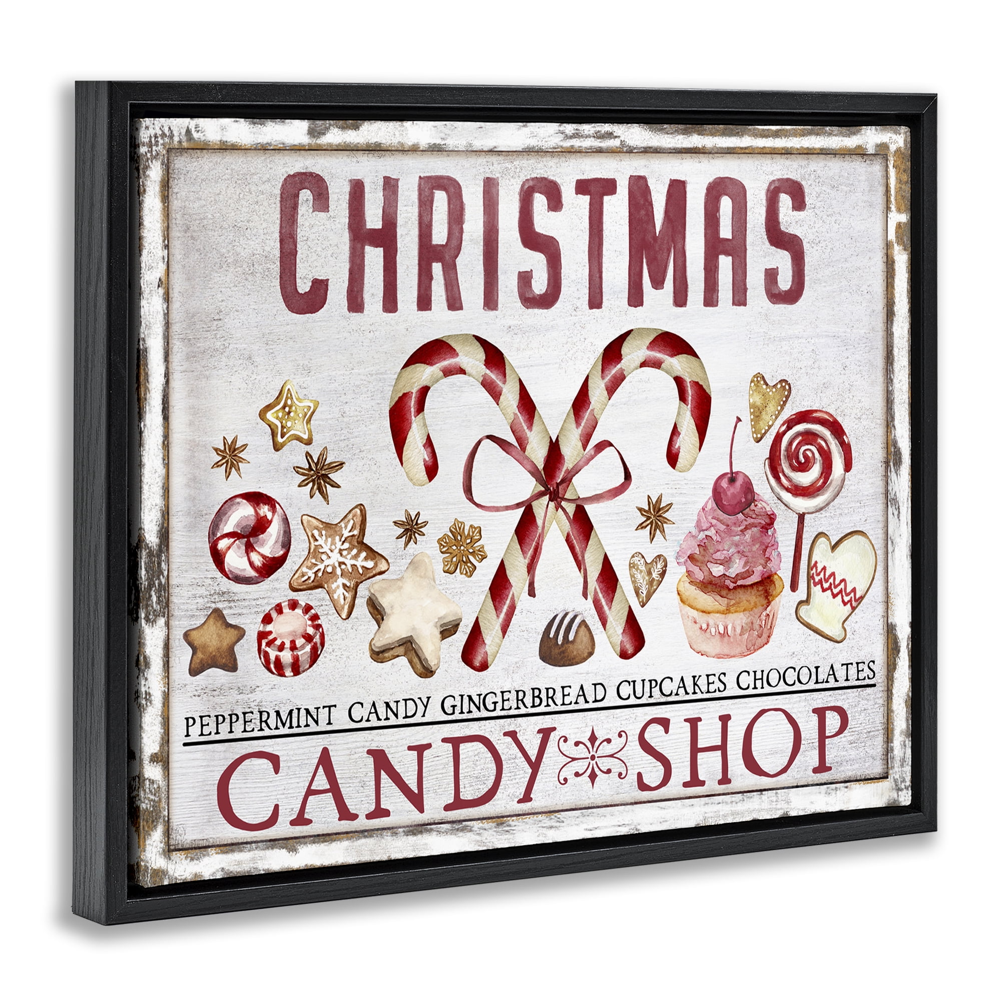 Stupell Industries Candy Shop Christmas Holiday Painting Black Floater Framed Canvas Art Prints Wall Art, 31 x 25
